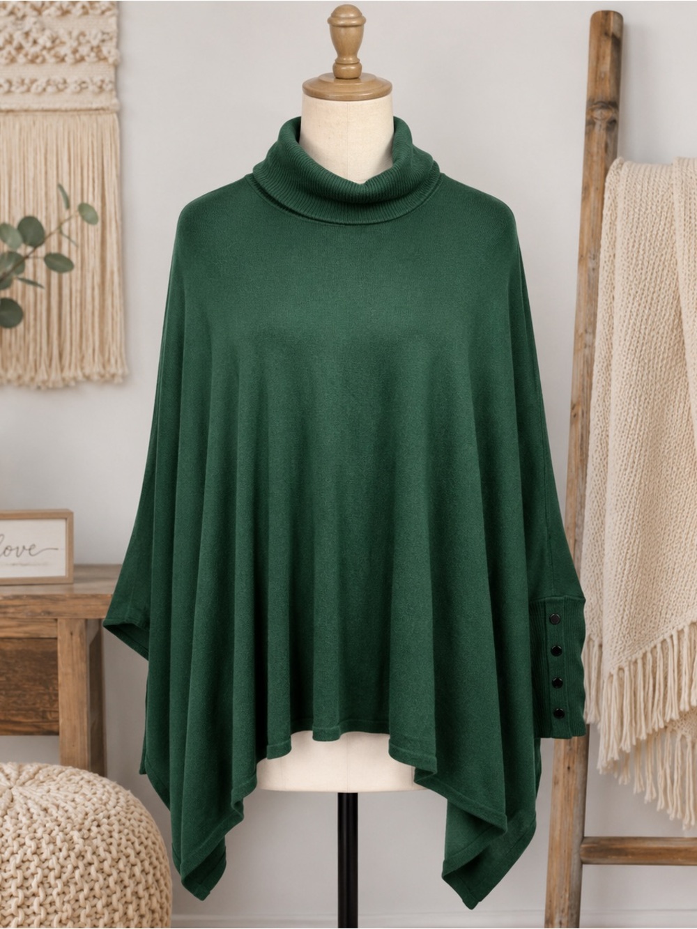 Alfani Green Turtleneck Tunic Sweater Top Oversized Button Cuff Size XS